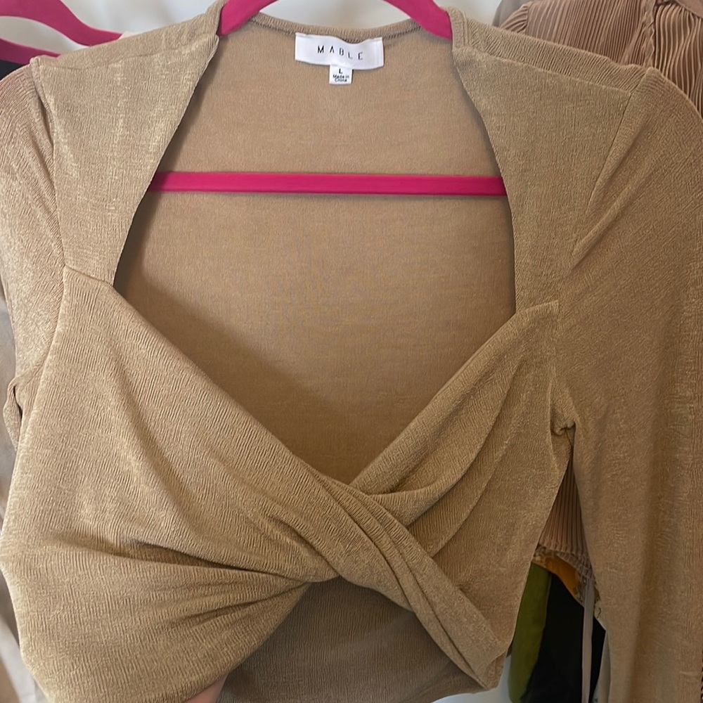 Tan twist front blouse size large.